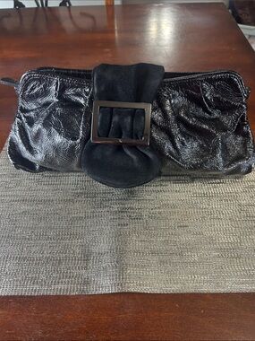 bebe Black Patent Frame Clutch with Buckle Accent
